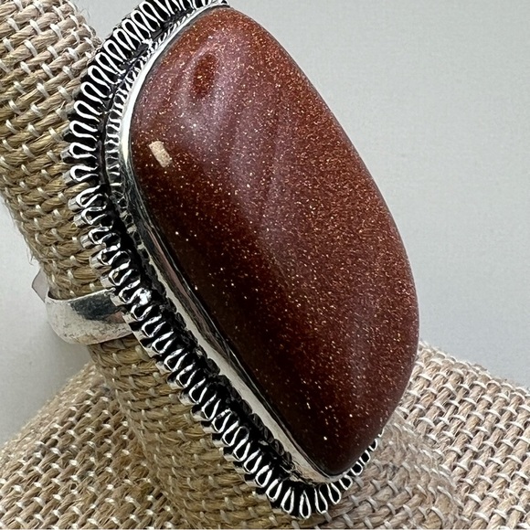 New Large Sandstone Goldstone Stone Sterling Silver Overlay Ring Size 8.75 - Picture 6 of 8
